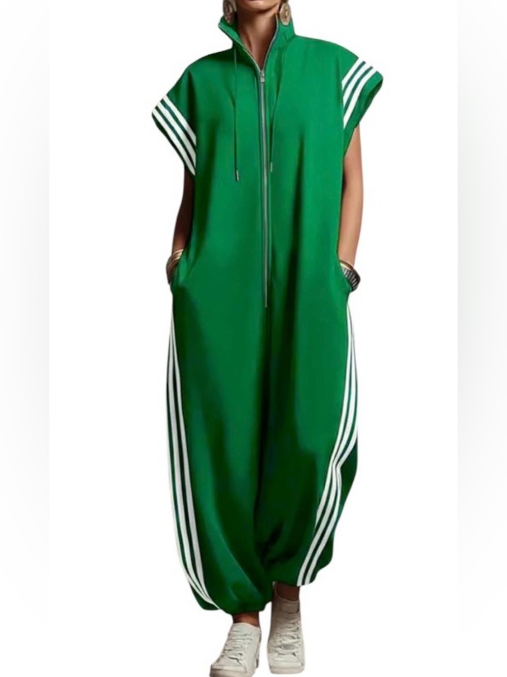 NWT Green Athletic-Style Women's Zipper Jumpsuit with Stripes